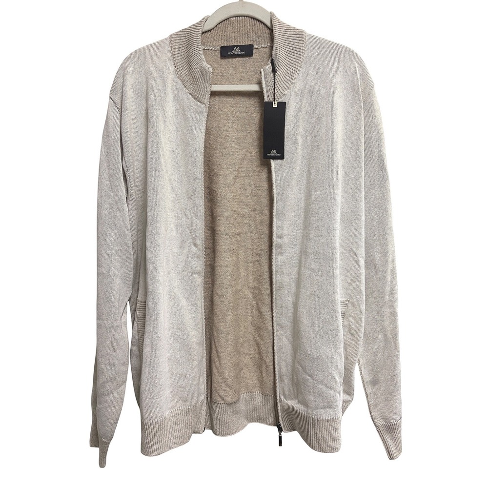 Montechiaro Full Zip Knit Bomber Sweater Beige Luxury Italian Cotton NWT 2XL/56